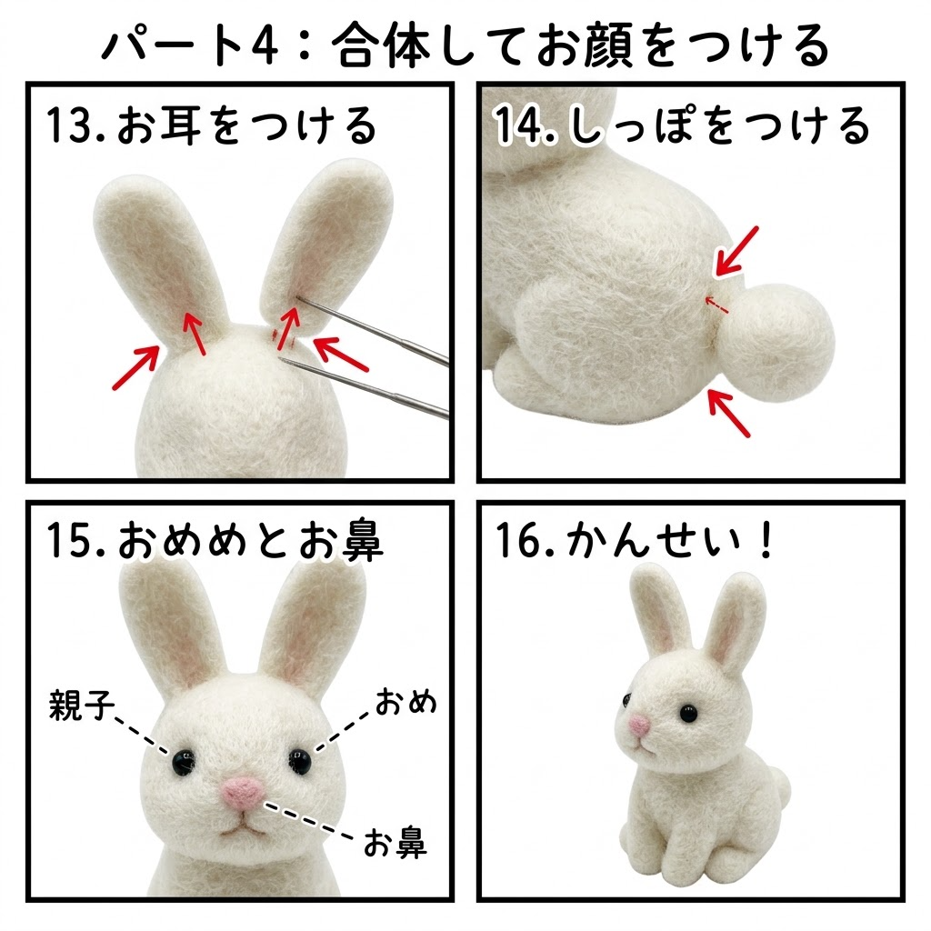 シート4：合体してお顔をつける（13.お耳をつける、14.しっぽをつける、15.おめめとお鼻、16.かんせい！）